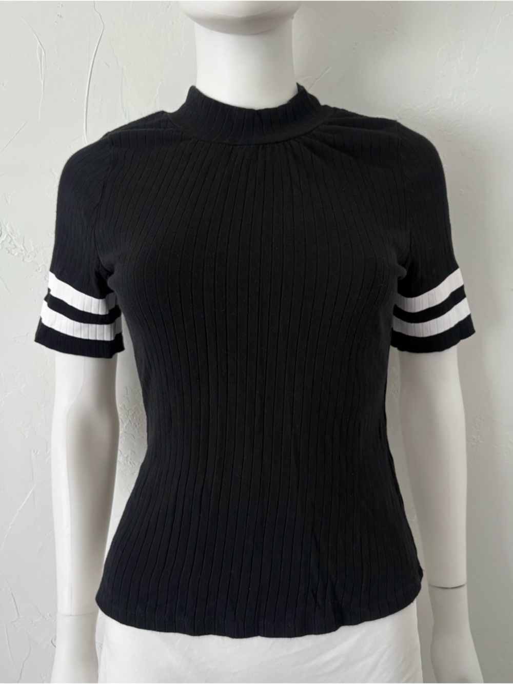 SHEIN Black Ribbed Short Sleeve Top with White Stripe Sleeves